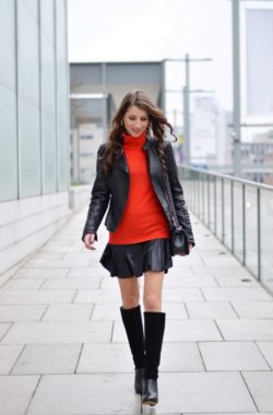 red turtleneck sweater black leatherjacket outfit