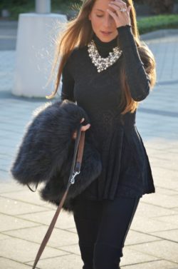 blue turtleneck moto pants pearls necklace zara outfit chic feather vest