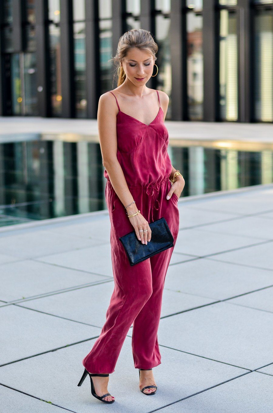 jumpsuit red elegant clutch evening outfit