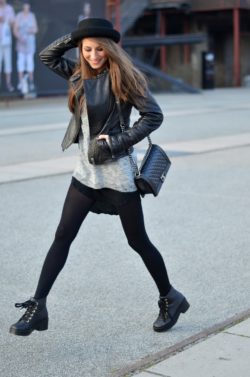 layering pullover dress leatherjacket chanel boy bag tights chunky booties cute black outfit blogger