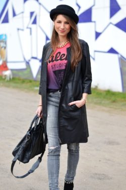 leather coat hat grey high waist jeans casual style blog