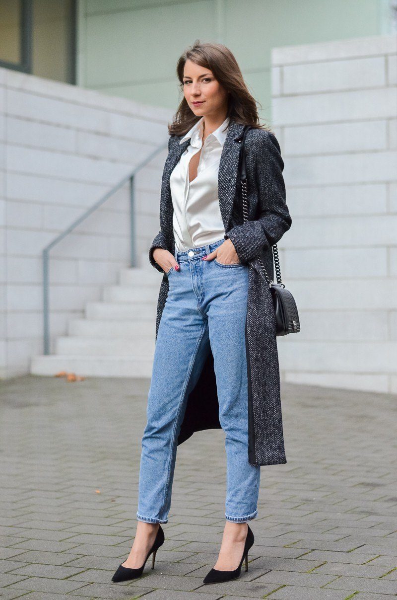 mom jeans silk blouse maxi coat chanel bag outfit