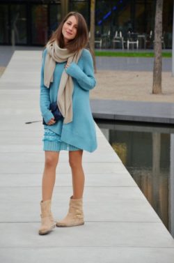 turqouise knit dress beige boots scarf cozy and cute winter outfit salvatore ferragamo bag