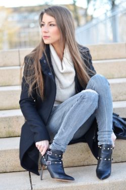 valentino ankle boots rockstud grey jeans turtleneck black coat outfit
