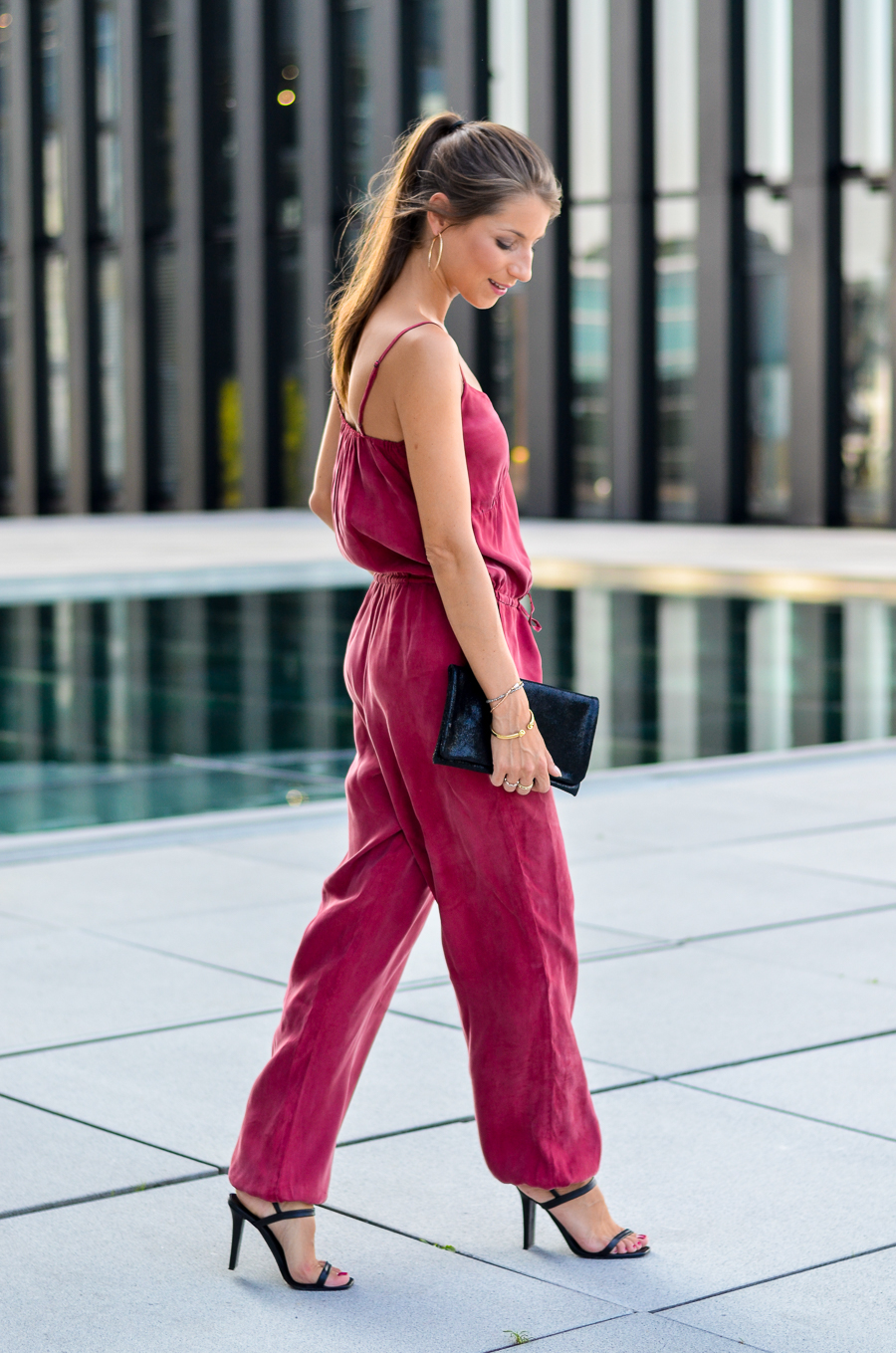 red jumpsuit elegant alices pigs outfit fashion blog
