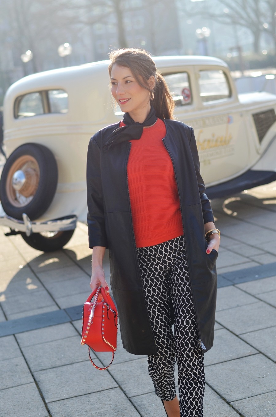 black and red outfit leather coat pullover pattern pants look fashion blog