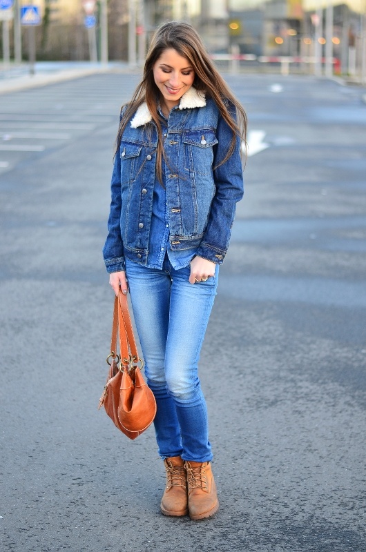 denim look winter timberland boots outfit fashion blogger
