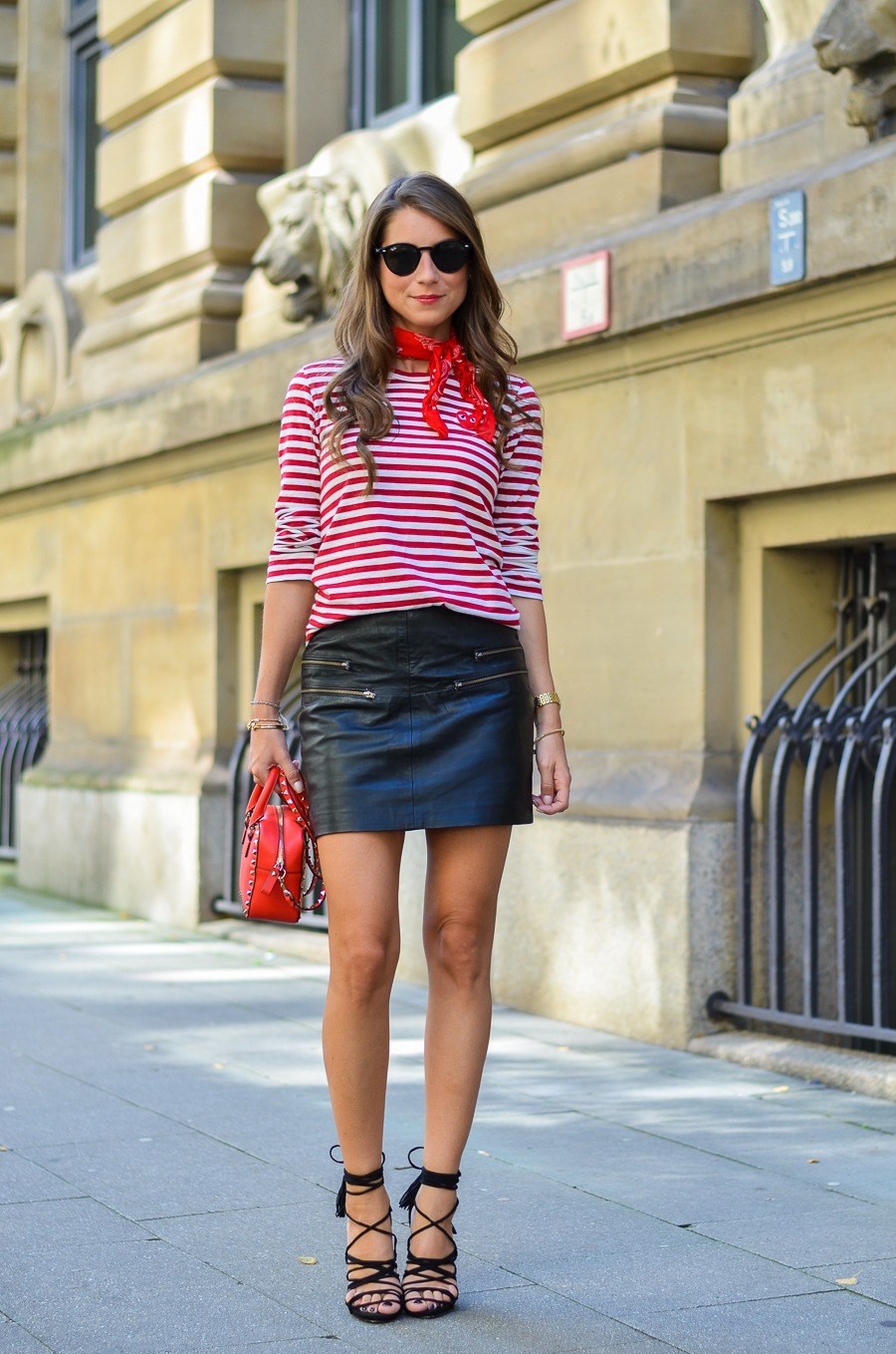 mini leather skirt striped longsleeve shirt red bandana valentino bag lace up sandals fashion blog outfit comme des garcons play