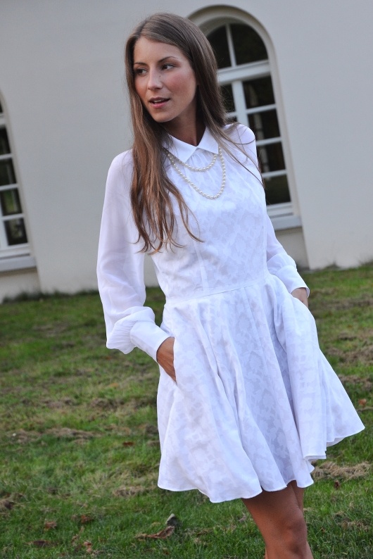 romantic outfit white dress pearl necklace outfit fashion blog