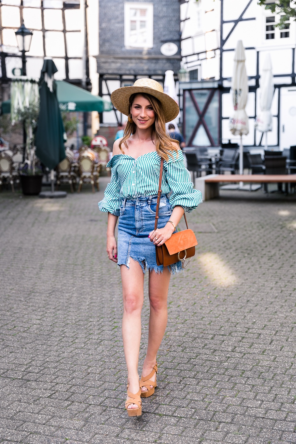 off shoulder blouse green outfit denim skirt hat summer chloe faye bag fashion blog