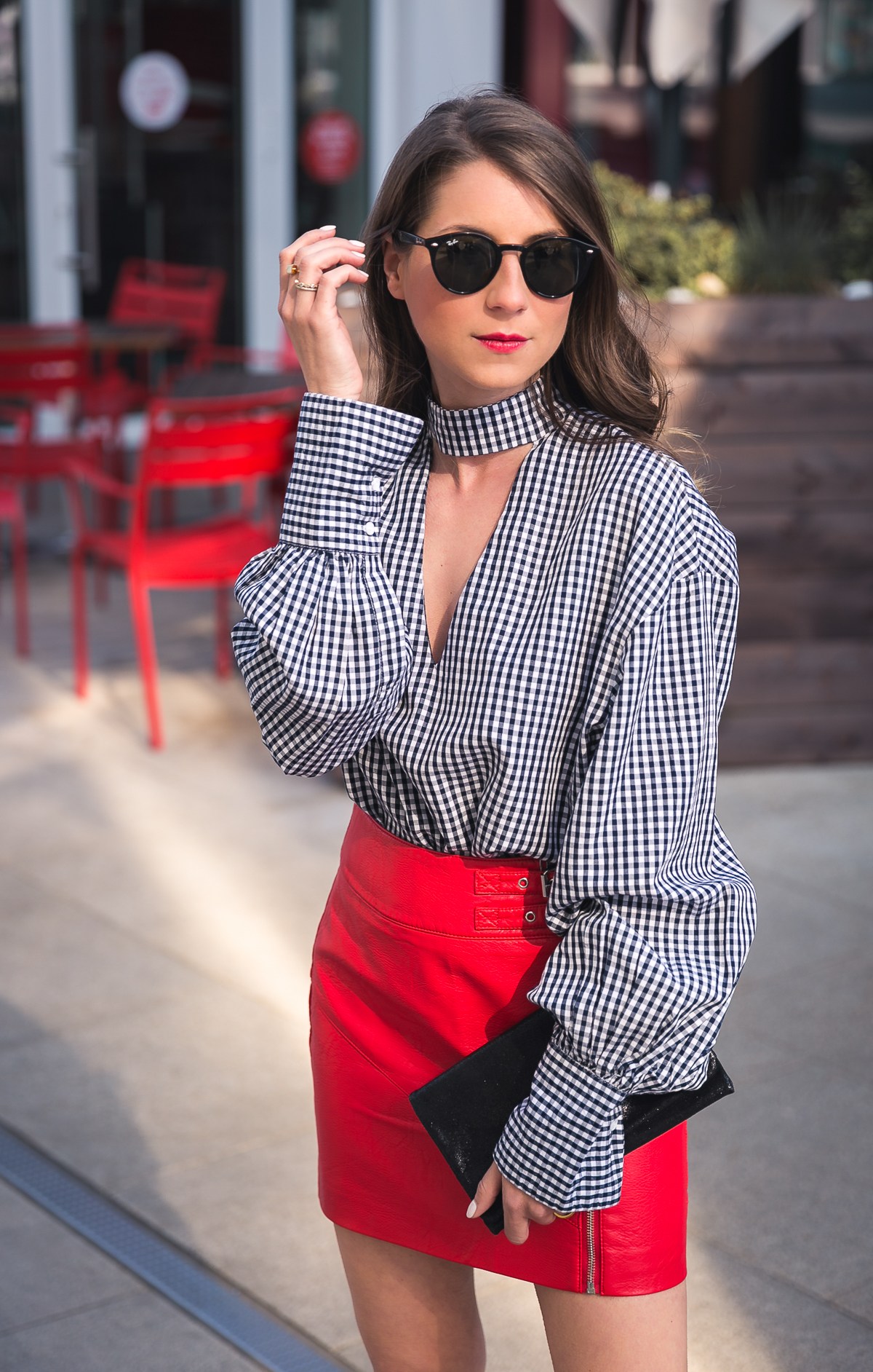red skirt vichy check shirt clutch ray ban sunglasses sandals outfit inspiration spring 2017