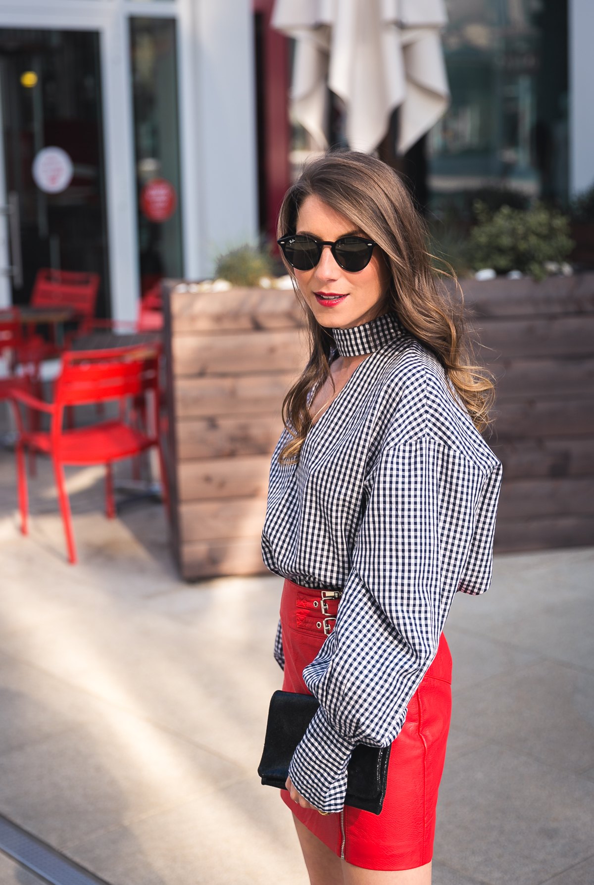 red skirt vichy check shirt clutch ray ban sunglasses sandals outfit inspiration spring 2017