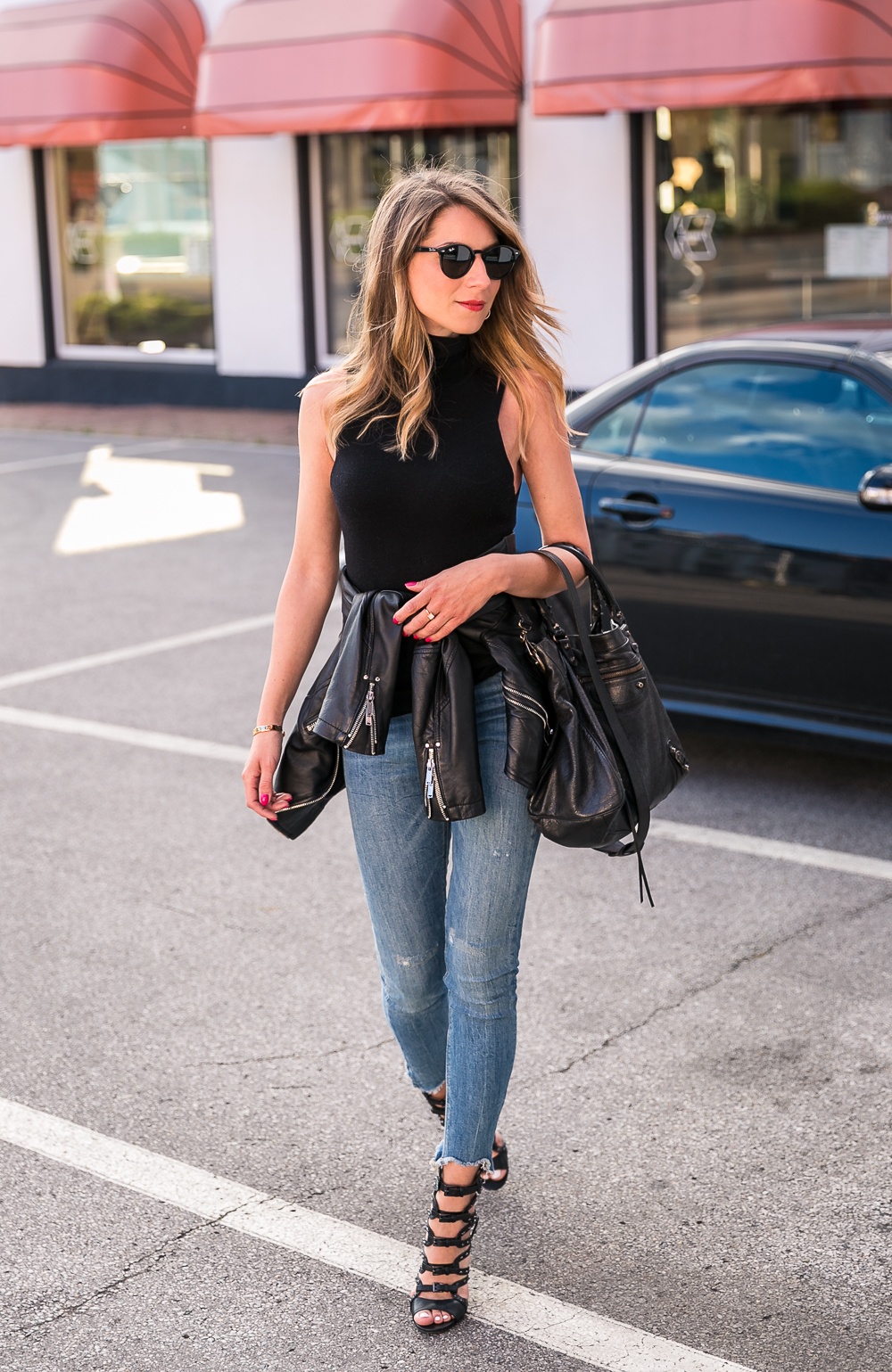 turtleneck top outfit simple summer skinny jeans heels