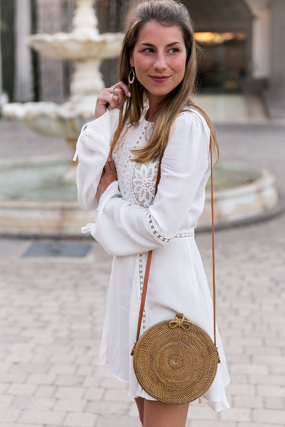 round bali bag straw summer dress white chicwish isabel marant sandals outfit 2017 trends fashion blog