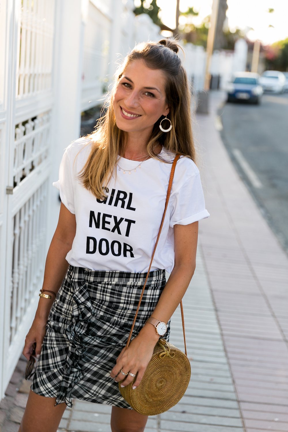 statement t-shirt outfit checkered skirt summerlook fashion trends 2017 straw bag blog