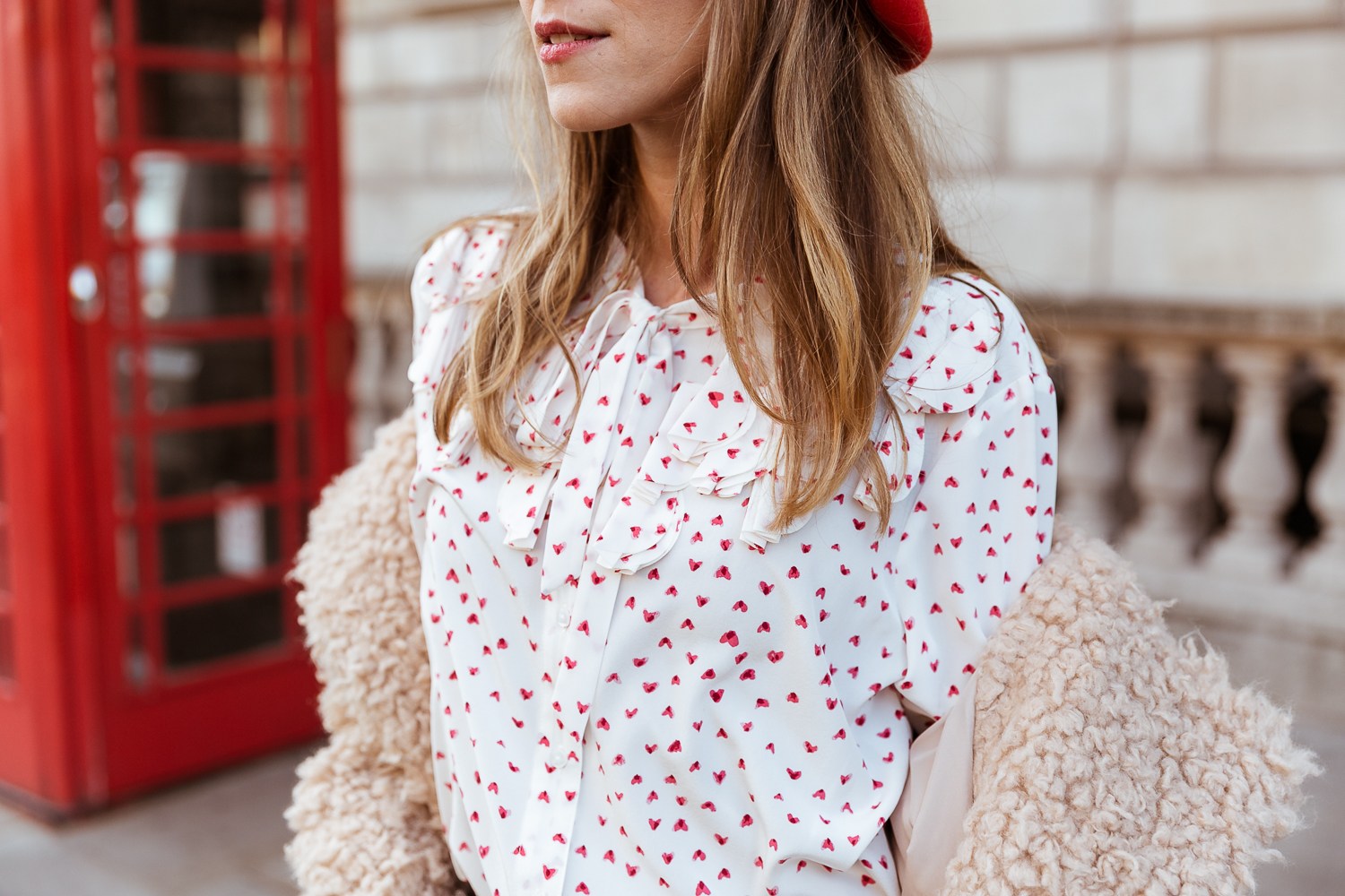 teddy coat levis 501 jeans red hat steffen schraut blouse hearts red valentino bag outfit street style london white boots veja du details