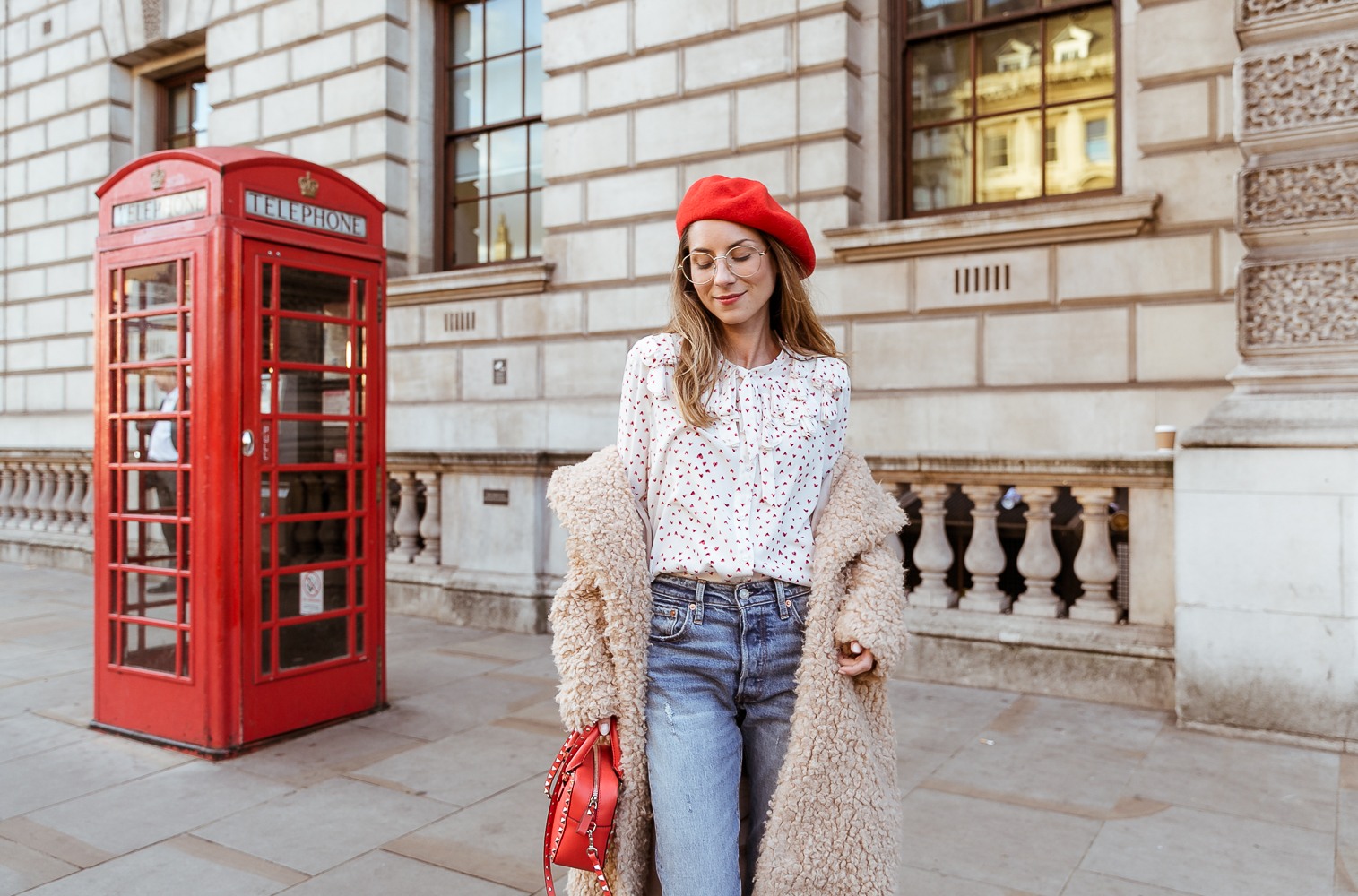 teddy coat levis 501 jeans red hat steffen schraut blouse hearts red valentino bag outfit street style london white boots veja du street fashion