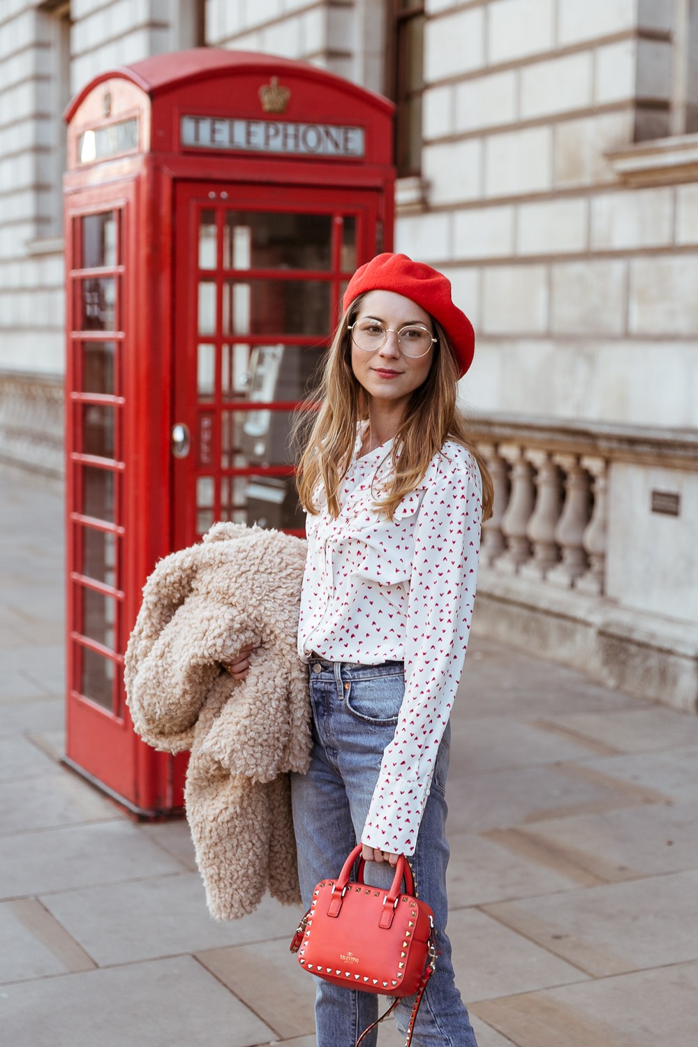 teddy coat levis 501 jeans red hat steffen schraut blouse hearts red valentino bag outfit street style london white boots veja du fashion